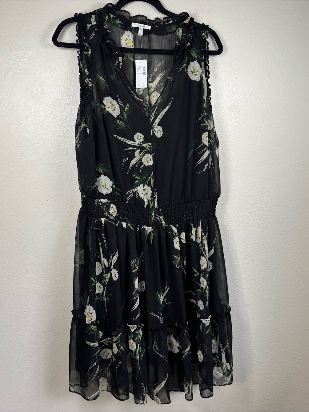 Maurices Black Floral Ruffle Trim XL Skater Dress Sleeveless Smocked Lined NWT